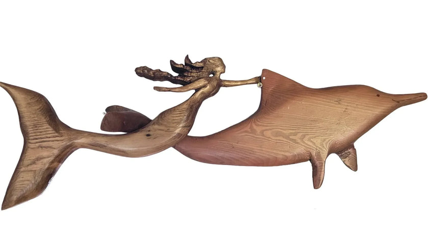 DOLPHIN & MERMAID SWIM: Hand Carved 3D Large Mosaic Sculpture gift