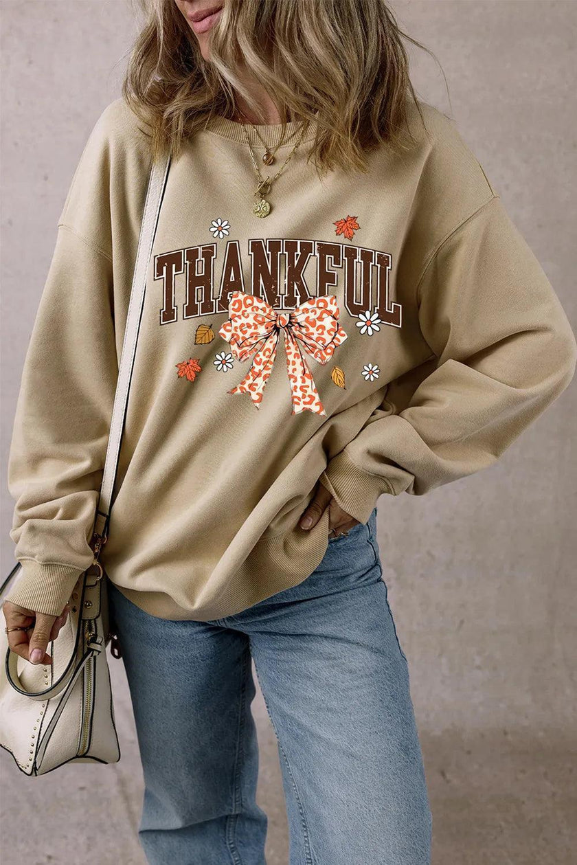THANKFUL Bow Round Neck Long Sleeve Sweatshirt - Cape Cod Fashionista