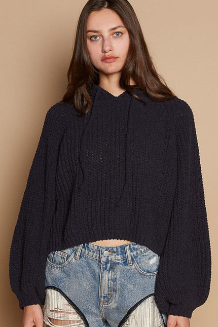 POL Back Open Slit Balloon Sleeve Crop Hooded Sweater - Cape Cod Fashionista