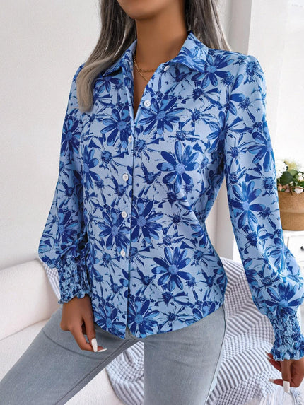 Floral Collared Neck Long Sleeve Shirt - Cape Cod Fashionista