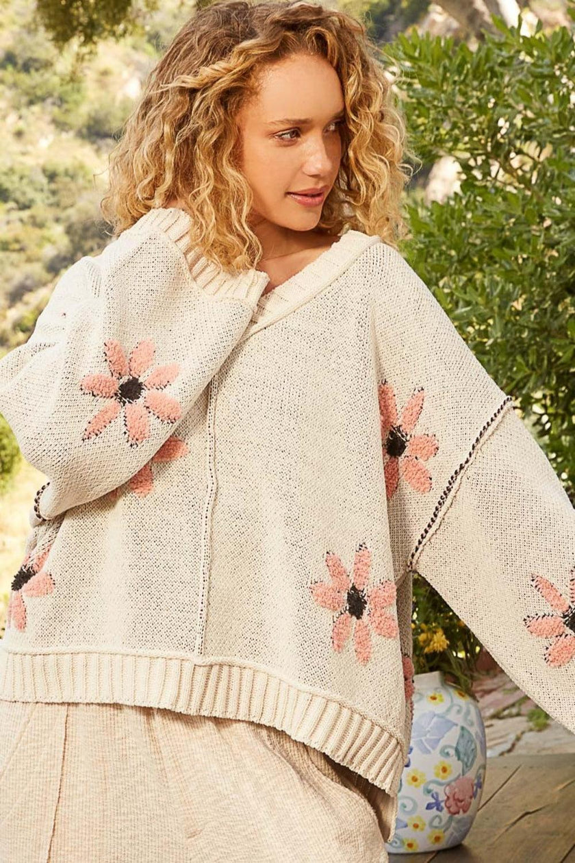 POL V-Neck Floral Pattern Chenille Sweater - Cape Cod Fashionista
