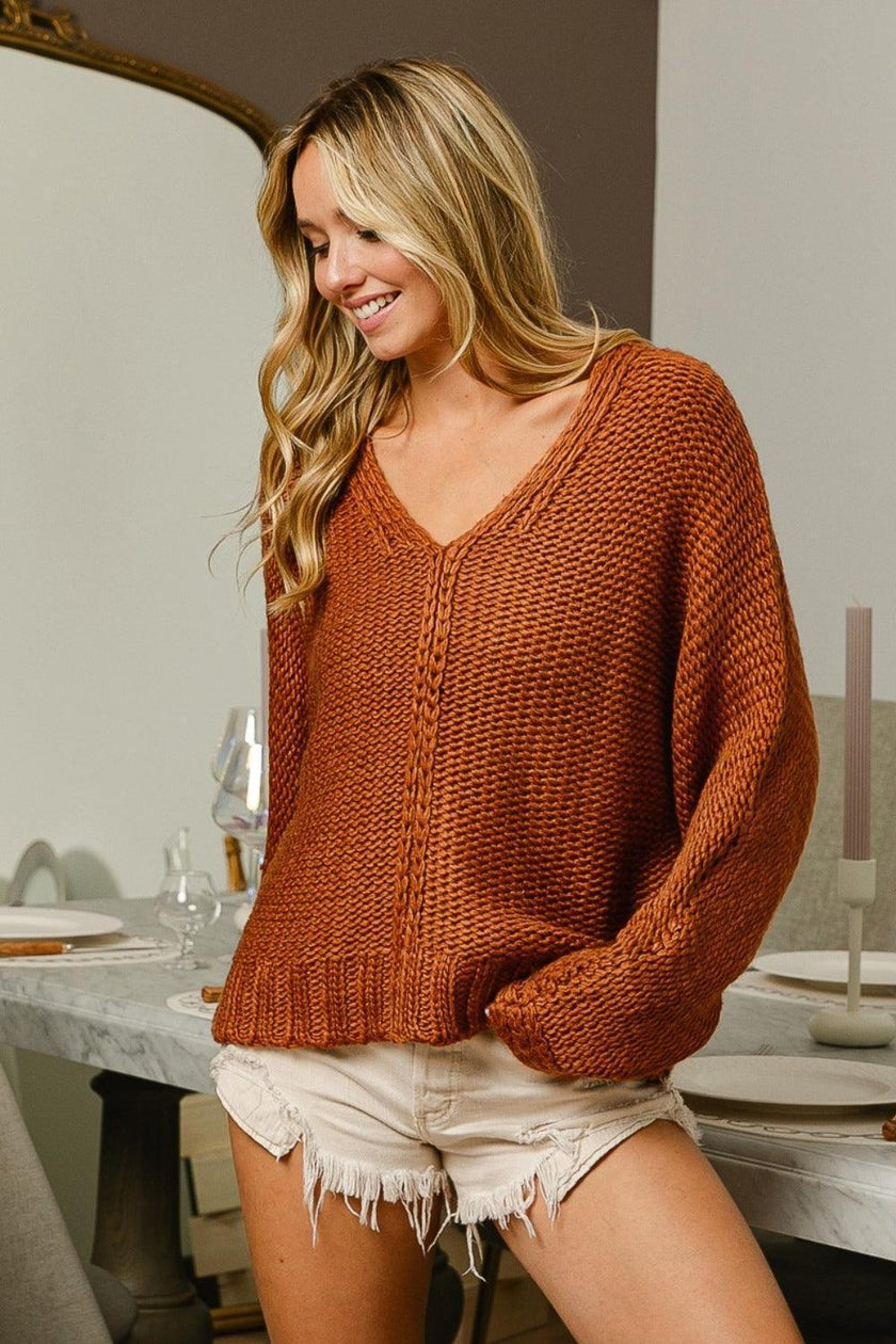 BiBi V-Neck Cable Knit Sweater - Cape Cod Fashionista