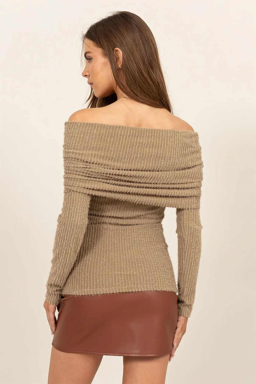 HYFVE Fuzzy Off Shoulder Textured Knit Top