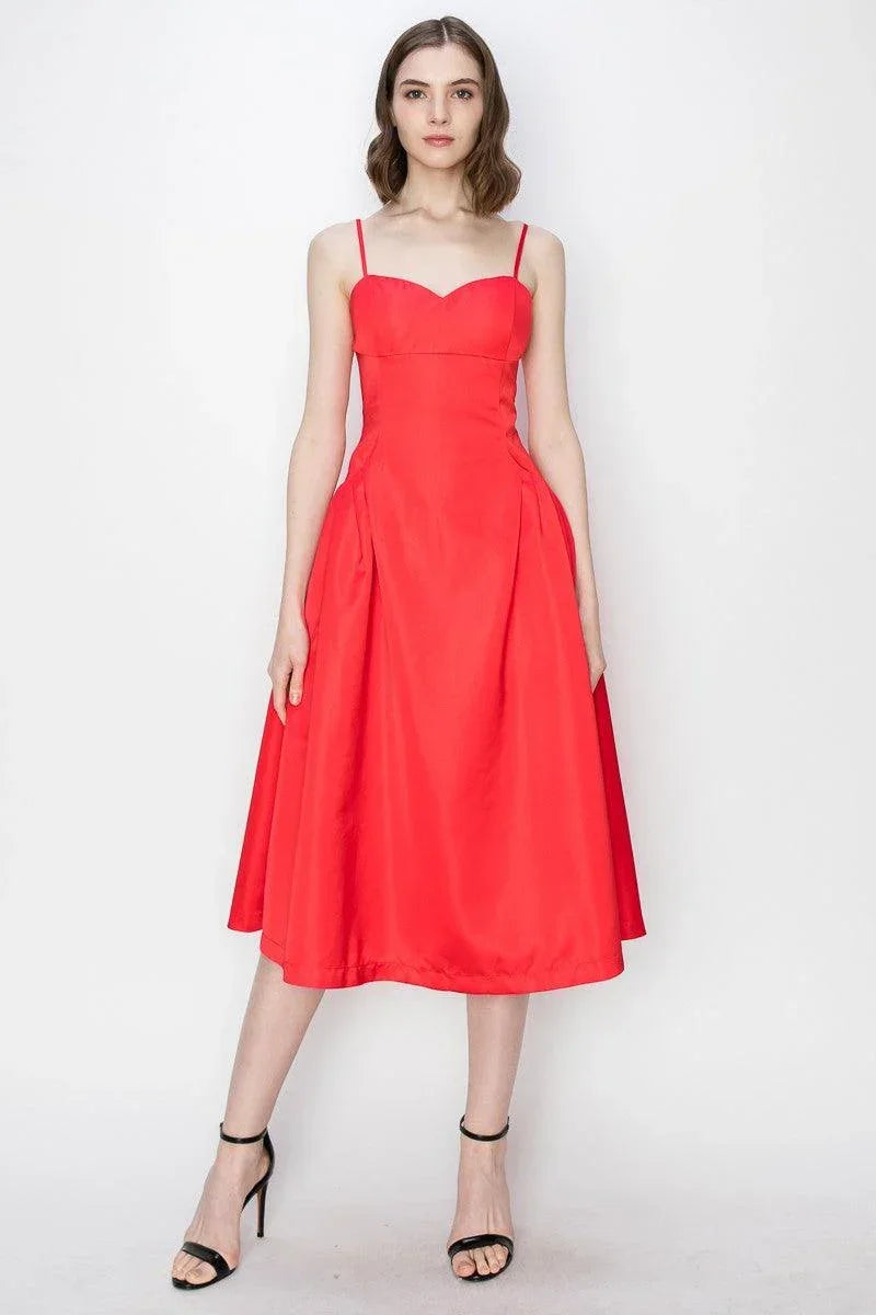 Skye's Satin Sleeveless Pleated Pocket Design Midi Dress