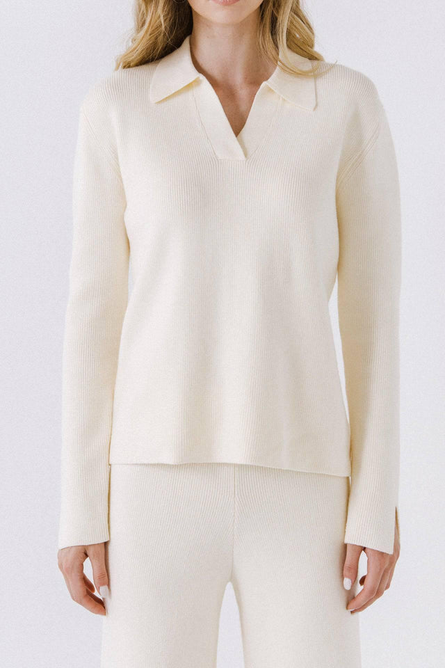 ENGLISH FACTORY Aspen Ivory Polo Collar Knit Cashmere Feel Knit Pant Set