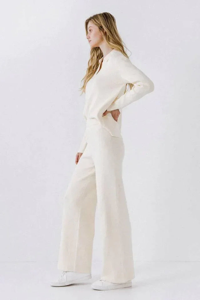 ENGLISH FACTORY Aspen Ivory Polo Collar Knit Cashmere Feel Knit Pant Set