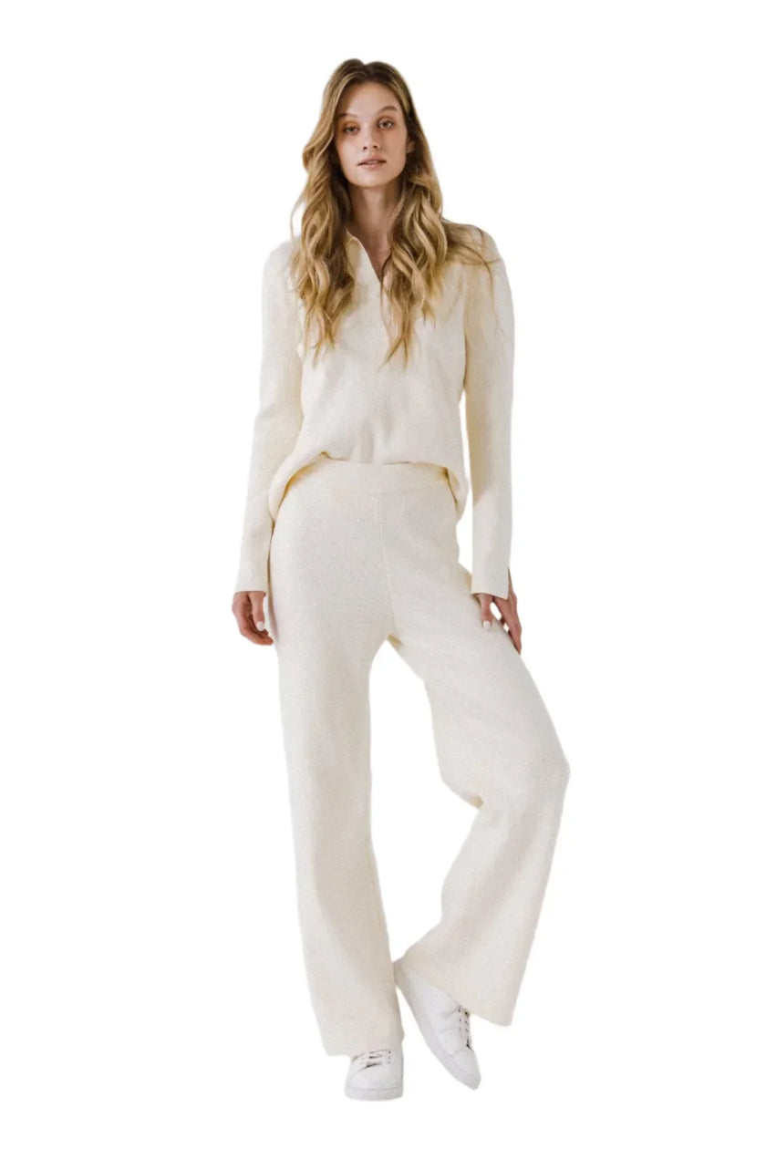 ENGLISH FACTORY Aspen Ivory Polo women ivory knit pants elegant country club outfit side view