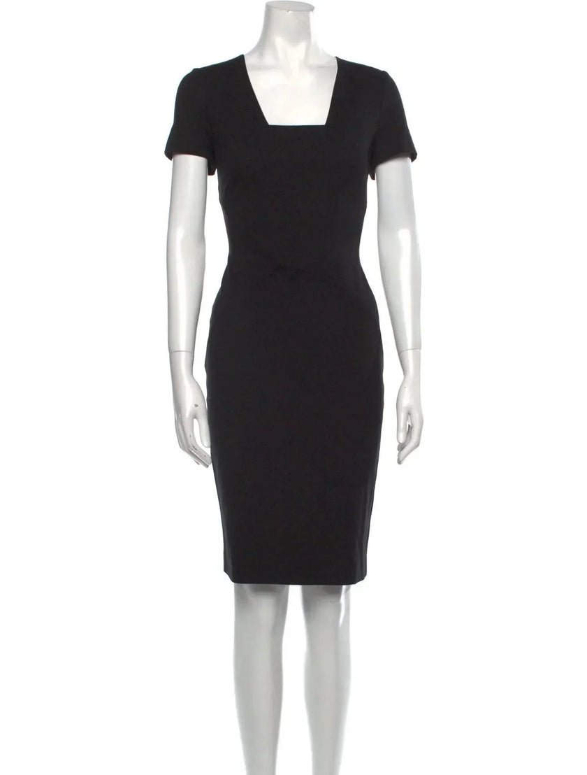 women black escada midi shift dress square neckline formal event front view
