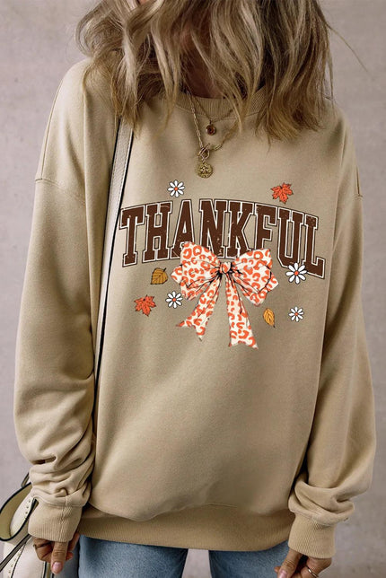 THANKFUL Bow Round Neck Long Sleeve Sweatshirt - Cape Cod Fashionista