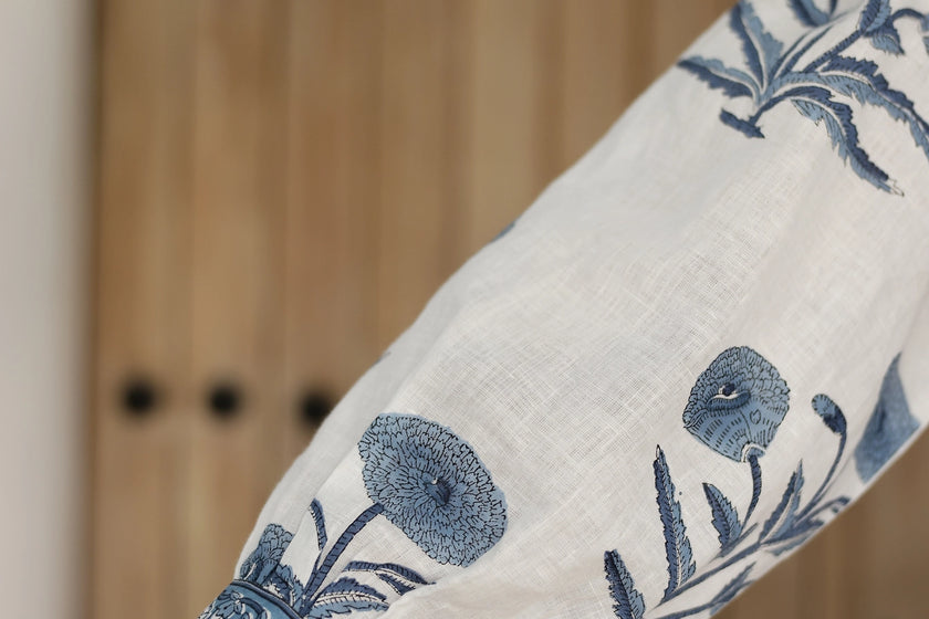 Mykonos Indigo Flower Dress—100% European linen with pockets