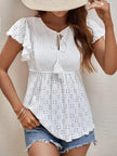 Eyelet Tie Neck Cap Sleeve Blouse