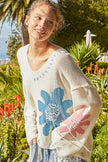 POL Distressed Flower V-Neck Dropped Shoulder Knit Top - Cape Cod Fashionista