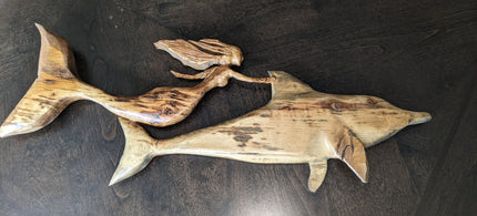 Cape Cod Hand-Carved Dolphin & Mermaid Wood Sculpture – Coastal Beach House Wall Art by D.Q.R.