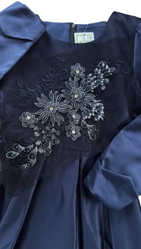 girls formal navy dress embroidery detail close up