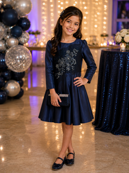 girls navy blue embroidered party dress front view special occasion