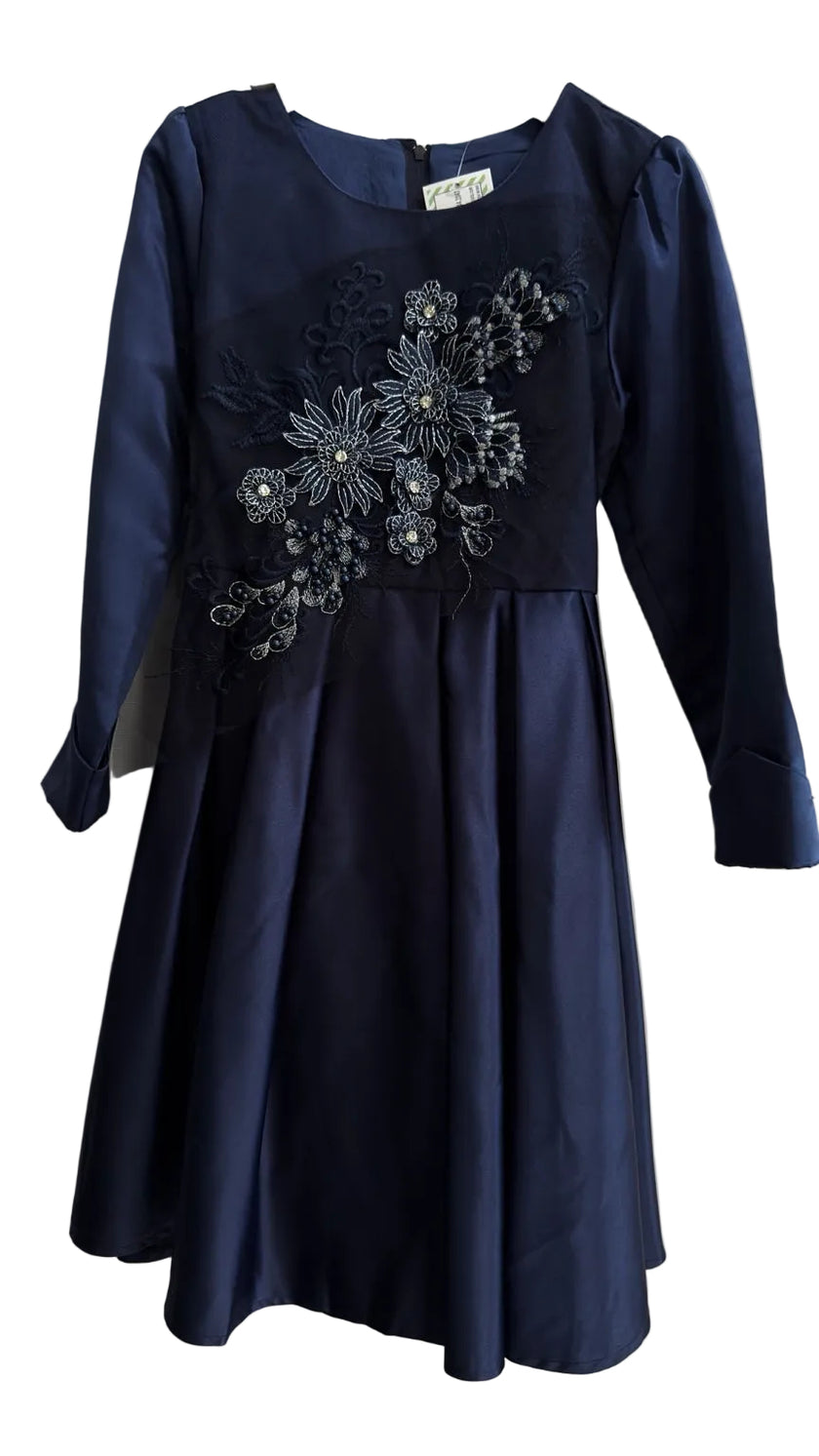 girls navy satin floral dress long sleeve wedding outfit