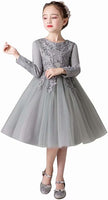 Girls Gray Tulle Party Dress Beaded Bodice Flower Girl Dress Long Sleeve