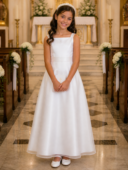 girls white communion dress satin cap sleeve front view