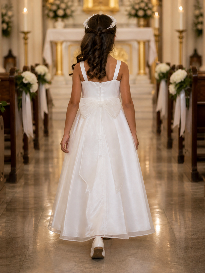 girls flower girl dress white satin bow waist detail