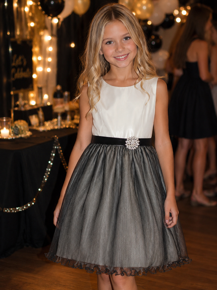 girls party dress for weddings and special occasions. Black and ivory with rhinestone belt, sheer, tulle, white lining 