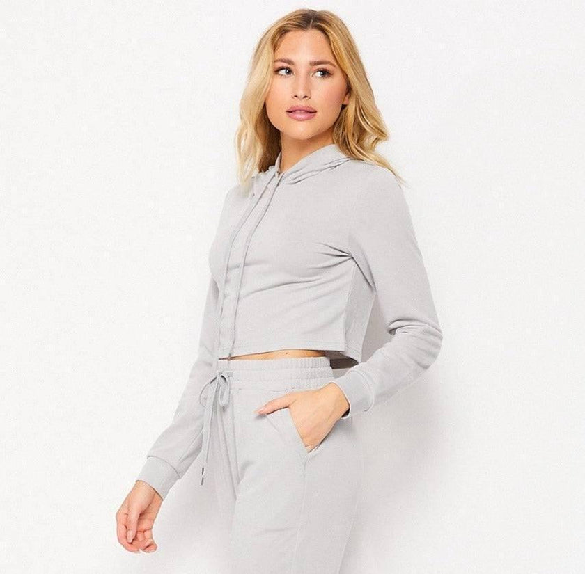 women gray hoodie jogger set athleisure outfit