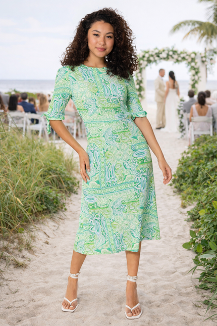 women green printed midi dress 3/4 sleeve beach wedding outfit