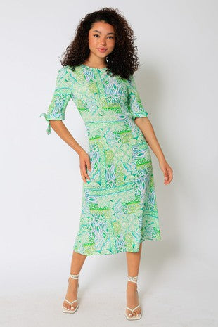 women green wedding guest midi dress tie waist front view