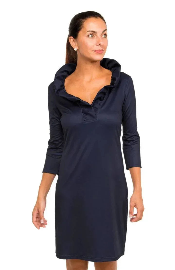 GRETCHEN SCOTT: RUFF NECK JERSEY DRESS-NAVY