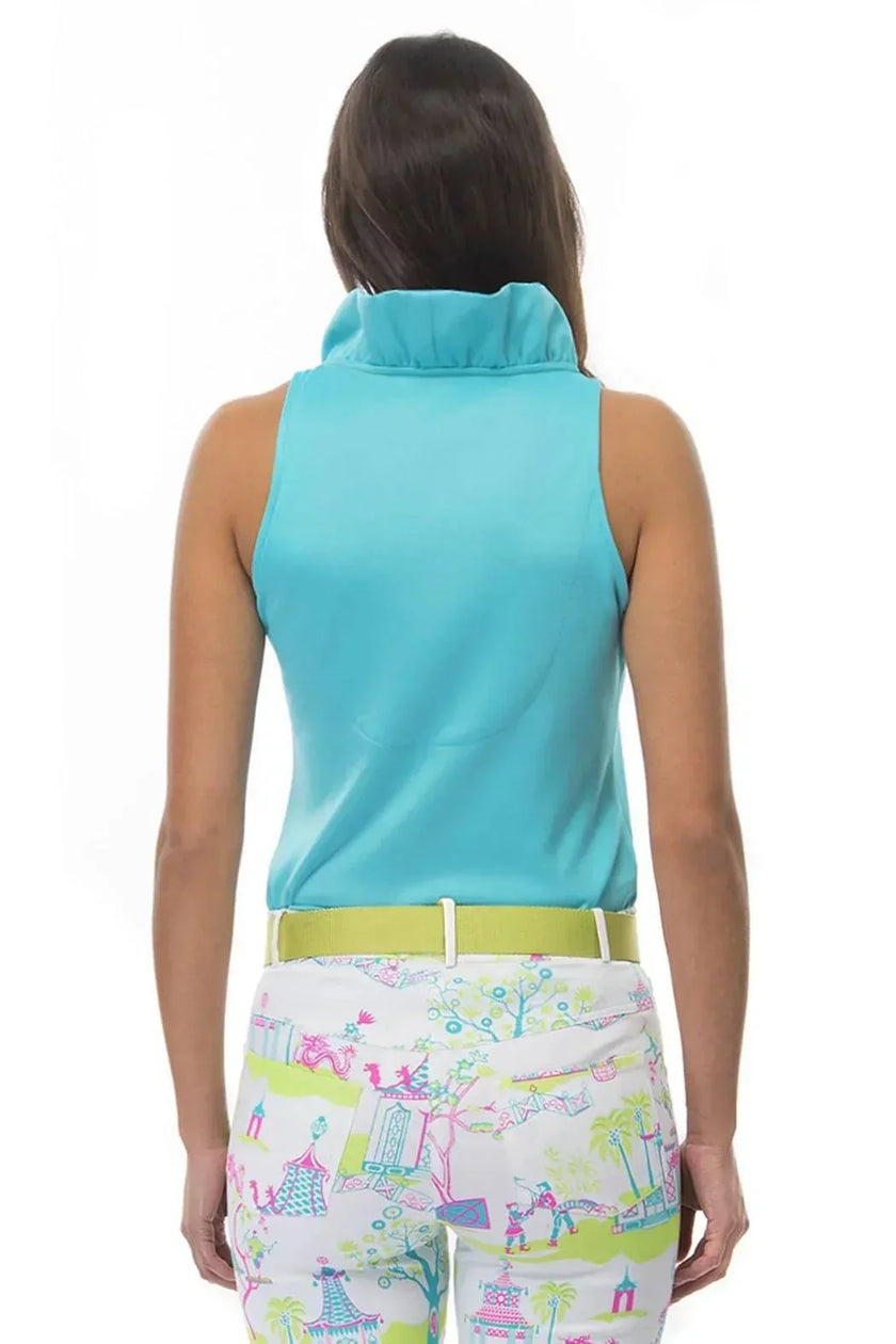 GRETCHEN SCOTT Jersey Sleeveless Ruffneck Top - Solid TURQUOISE