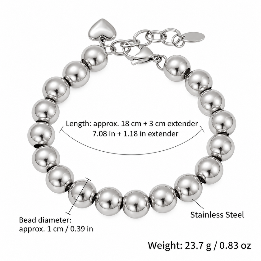 Heart Charm Beaded Bracelet Stainless Steel Silver Gold Plated Waterproof