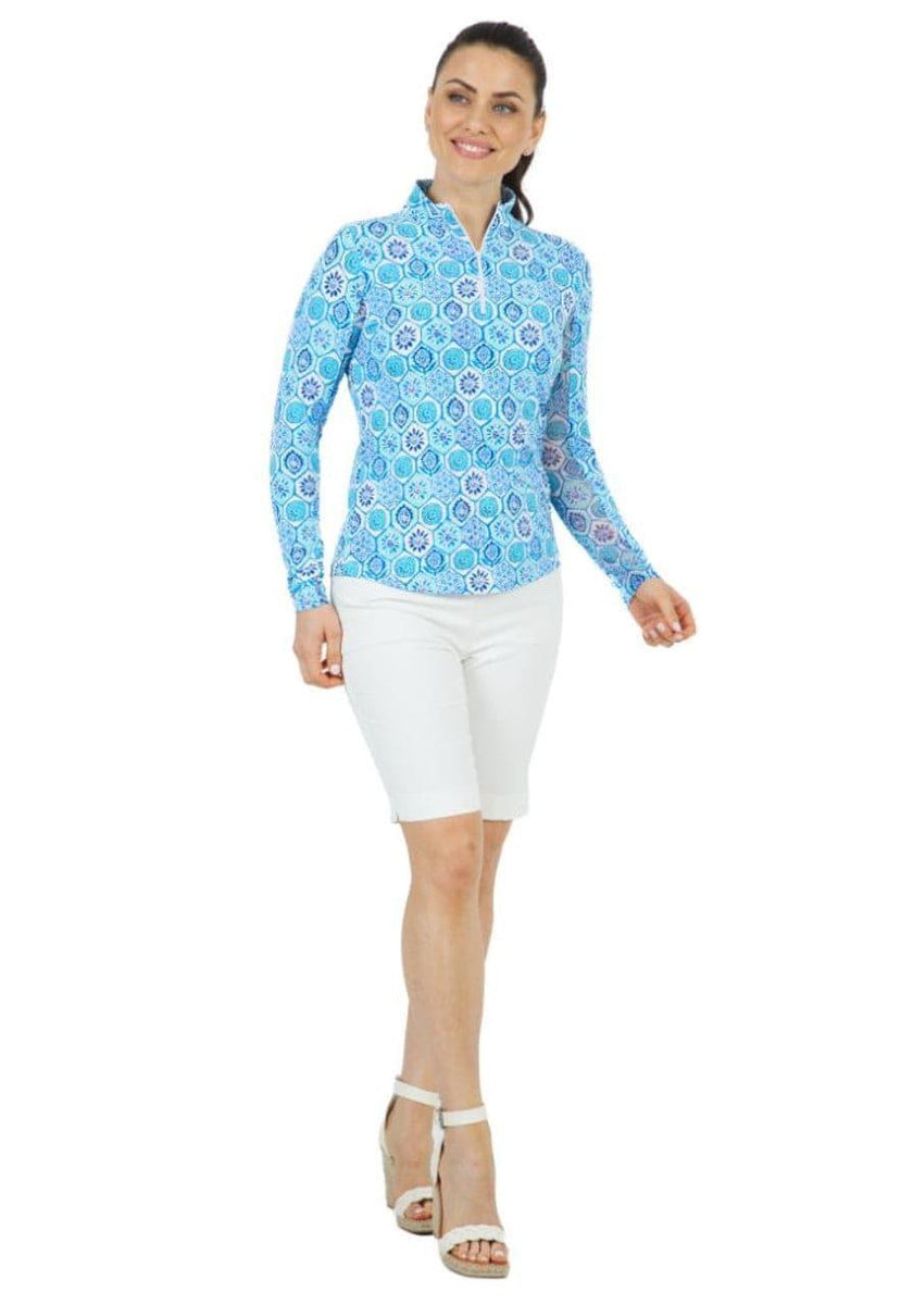IBKUL Terra Seafoam Blue Long Sleeve Zip Mock Neck Polo
