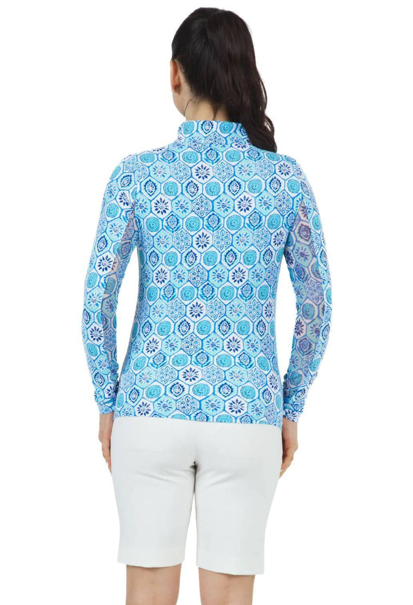 IBKUL Terra Seafoam Blue Long Sleeve Zip Mock Neck Polo