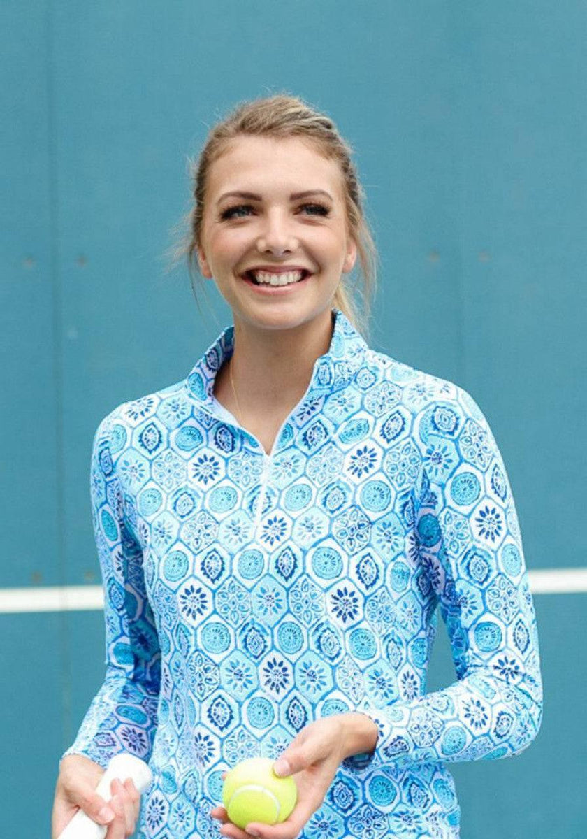 IBKUL Terra Seafoam Blue Long Sleeve Zip Mock Neck Polo