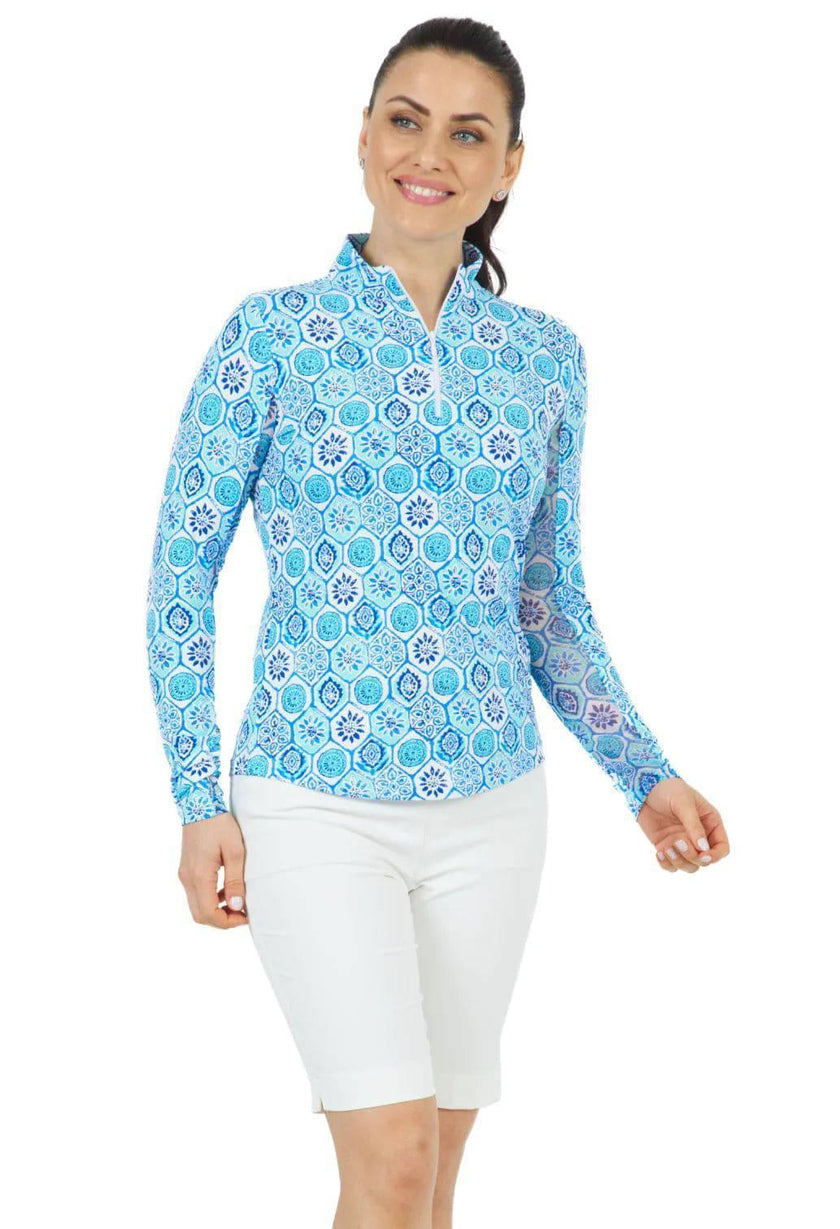 IBKUL Terra Seafoam Blue Long Sleeve Zip Mock Neck Polo