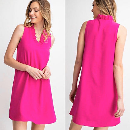 Women's solid woven ruffle neck dress