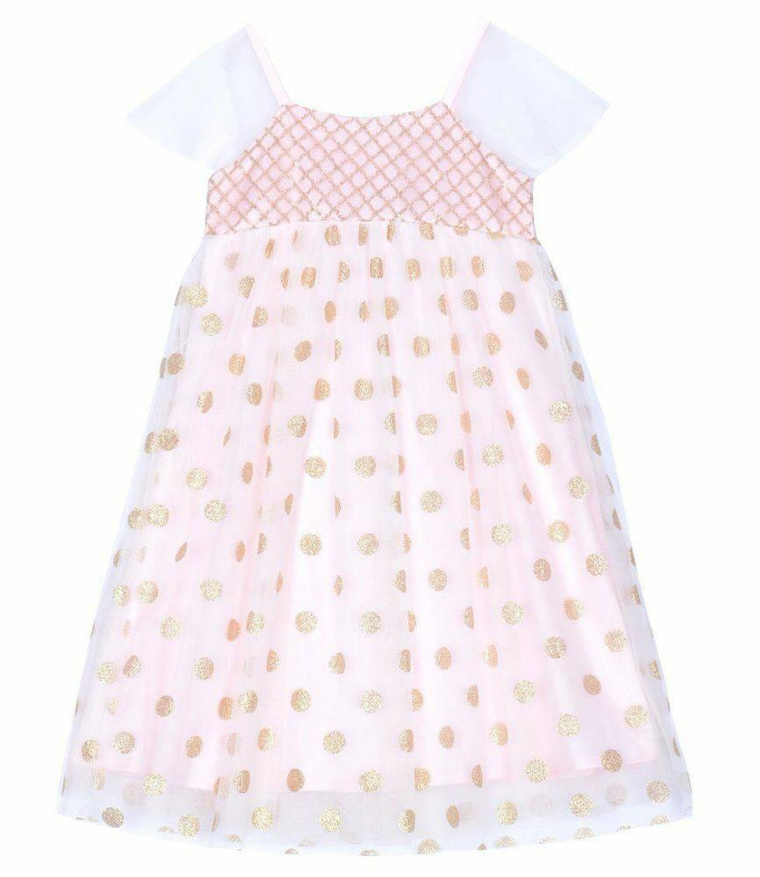 JUSBE Kids: LONG GOLD/BLUSH POLKA Dot Layered Tulle Dress