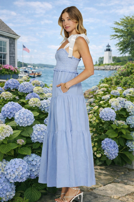 women light blue chambray smocked midi dress side view summer