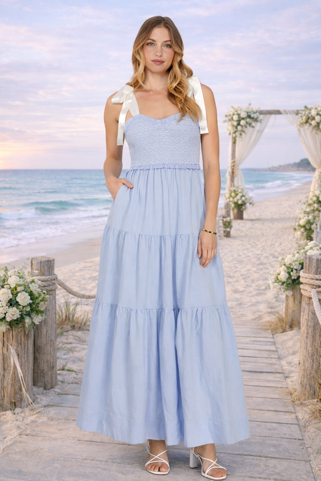 Women’s Light Blue Cotton Smocked Midi Dress with Satin Shoulder Ties and Pockets