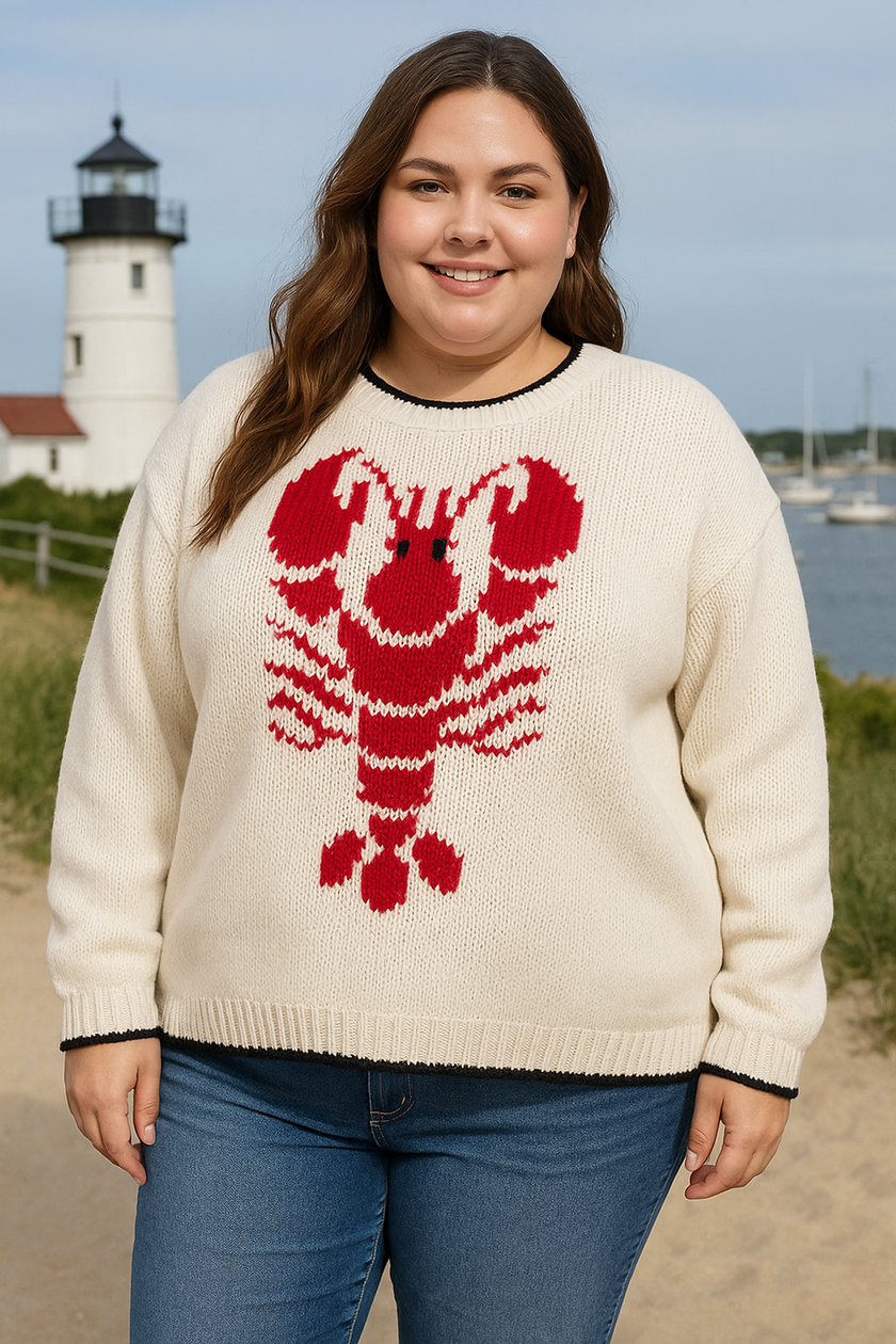 Full Size Lobster Contrast Trim Round Neck Sweater Plus Size