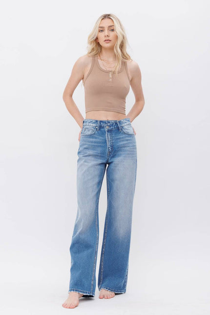 MICA Asymmetric crossover Waist Frayed Heel Jeans