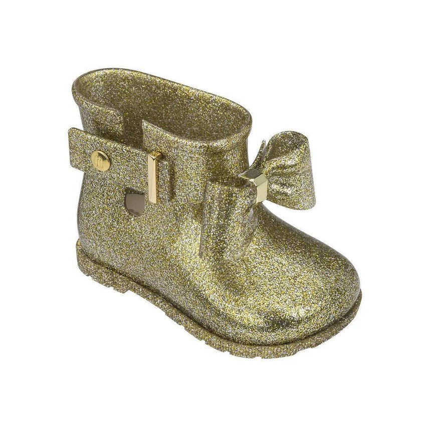 Mini Melissa Sugar Rain Bow Glass Gold Glitter Boots - Cape Cod Fashionista