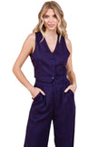 women navy linen two piece outfit wide leg trousers summer style