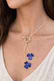 women navy blue double drop necklace gold hoop special occasion jewelry front view