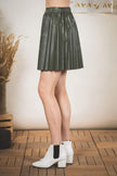 women olive green faux leather high rise pleated skirt side view