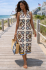 women paisley linen dress sleeveless beach vacation outfit front view