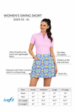 Woman wearing a pink polo shirt and patterned skirt with product features and size chart on a white background
