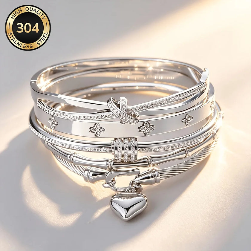 Silver Tone Triple Ring Bangle Bracelet Stainless Steel Stackable