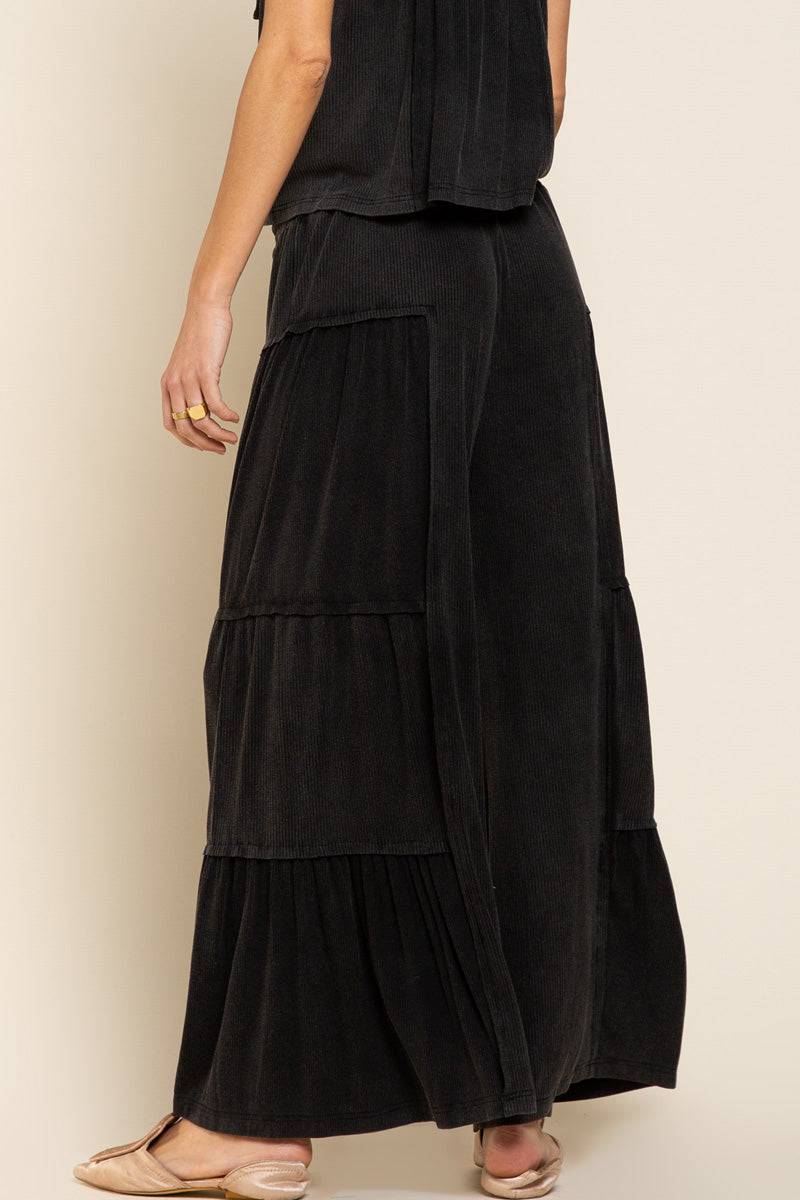Pol Wide Leg Bohemian Ribbed Knit Pants in Black