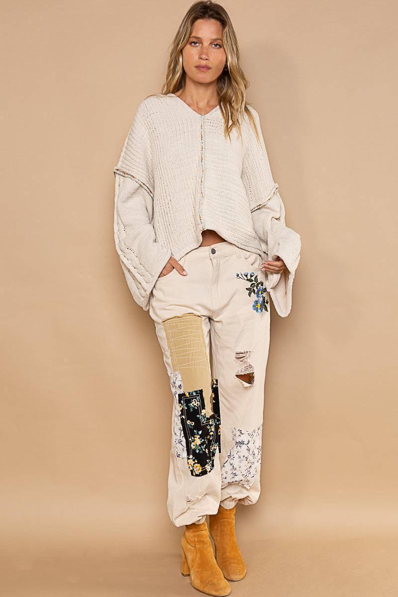 POL Balloon Sleeve V-Neck Hoodie Pullover Sweater