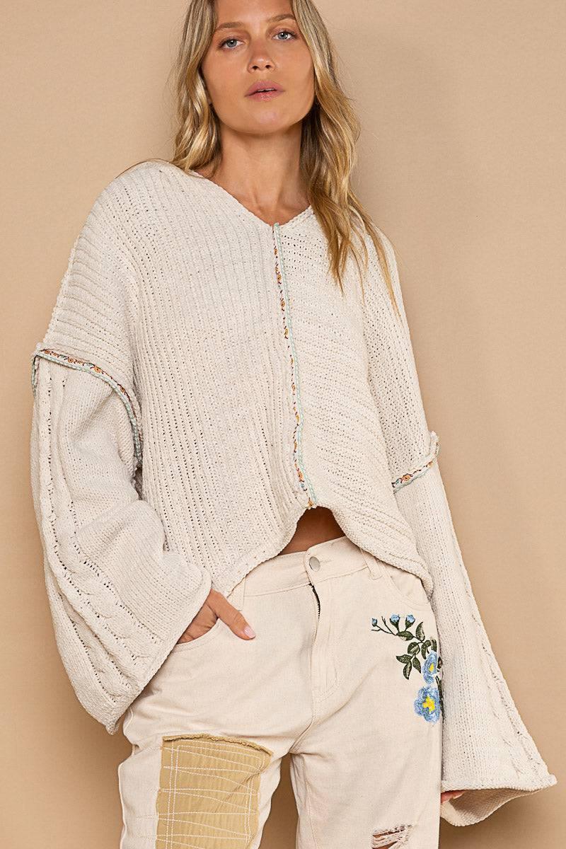 POL Balloon Sleeve V-Neck Hoodie Pullover Sweater